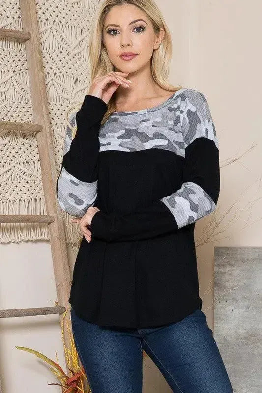 Bold & Cozy: Camouflage Contrast Sweater Knit-long sleeve-Evelyns Fashion