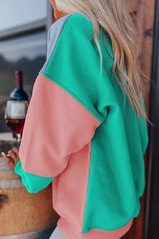 Bold & Cozy: Women Colorblock Patchwork Drop Shoulder Sweatshirt-Sweat Shirts and Hoodies-Evelyns Fashion