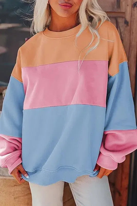 Bold & Cozy: Women Colorblock Patchwork Drop Shoulder Sweatshirt-Sweat Shirts and Hoodies-Evelyns Fashion