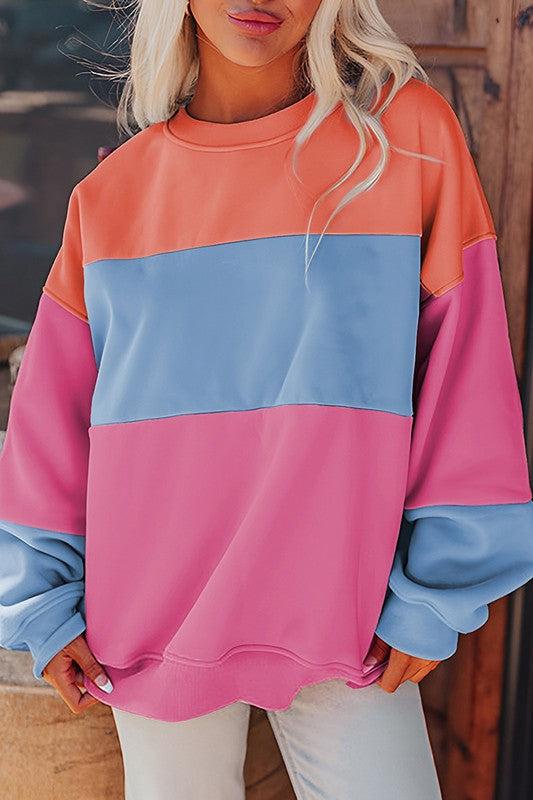 Bold & Cozy: Women Colorblock Patchwork Drop Shoulder Sweatshirt-Sweat Shirts and Hoodies-Evelyns Fashion