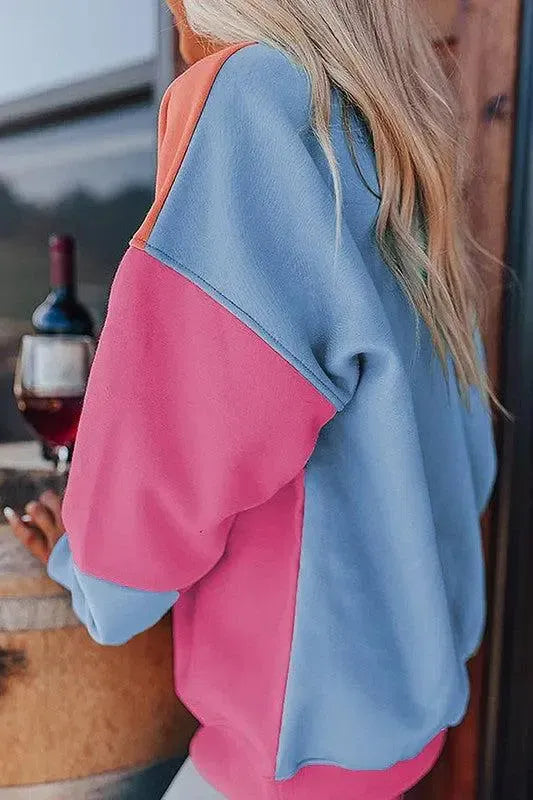 Bold & Cozy: Women Colorblock Patchwork Drop Shoulder Sweatshirt-Sweat Shirts and Hoodies-Evelyns Fashion