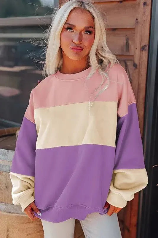 Bold & Cozy: Women Colorblock Patchwork Drop Shoulder Sweatshirt-Sweat Shirts and Hoodies-Evelyns Fashion