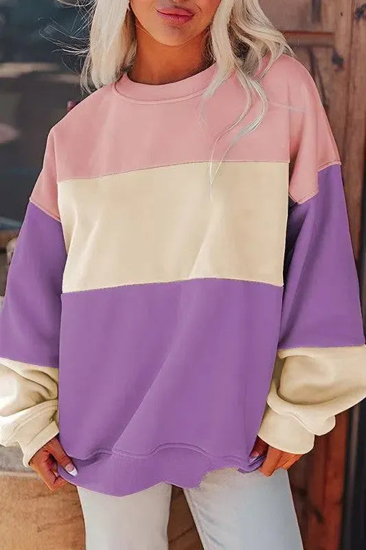 Bold & Cozy: Women Colorblock Patchwork Drop Shoulder Sweatshirt-Sweat Shirts and Hoodies-Evelyns Fashion