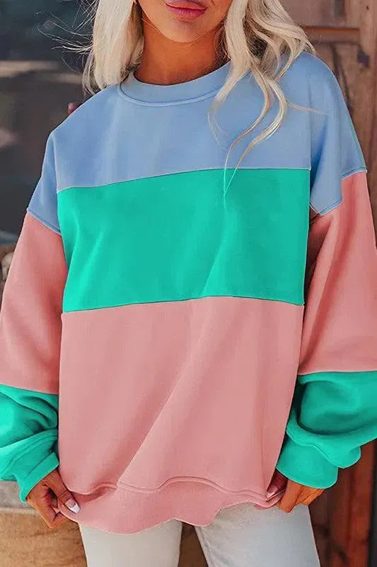 Bold & Cozy: Women Colorblock Patchwork Drop Shoulder Sweatshirt-Sweat Shirts and Hoodies-Evelyns Fashion
