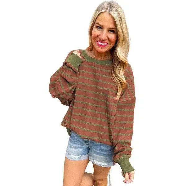 Bright & Cozy: Loose Orange Stripe Sweater-Sweat Shirts and Hoodies-Evelyns Fashion