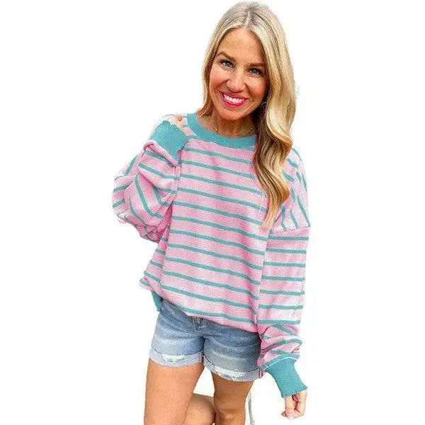Bright & Cozy: Loose Orange Stripe Sweater-Sweat Shirts and Hoodies-Evelyns Fashion