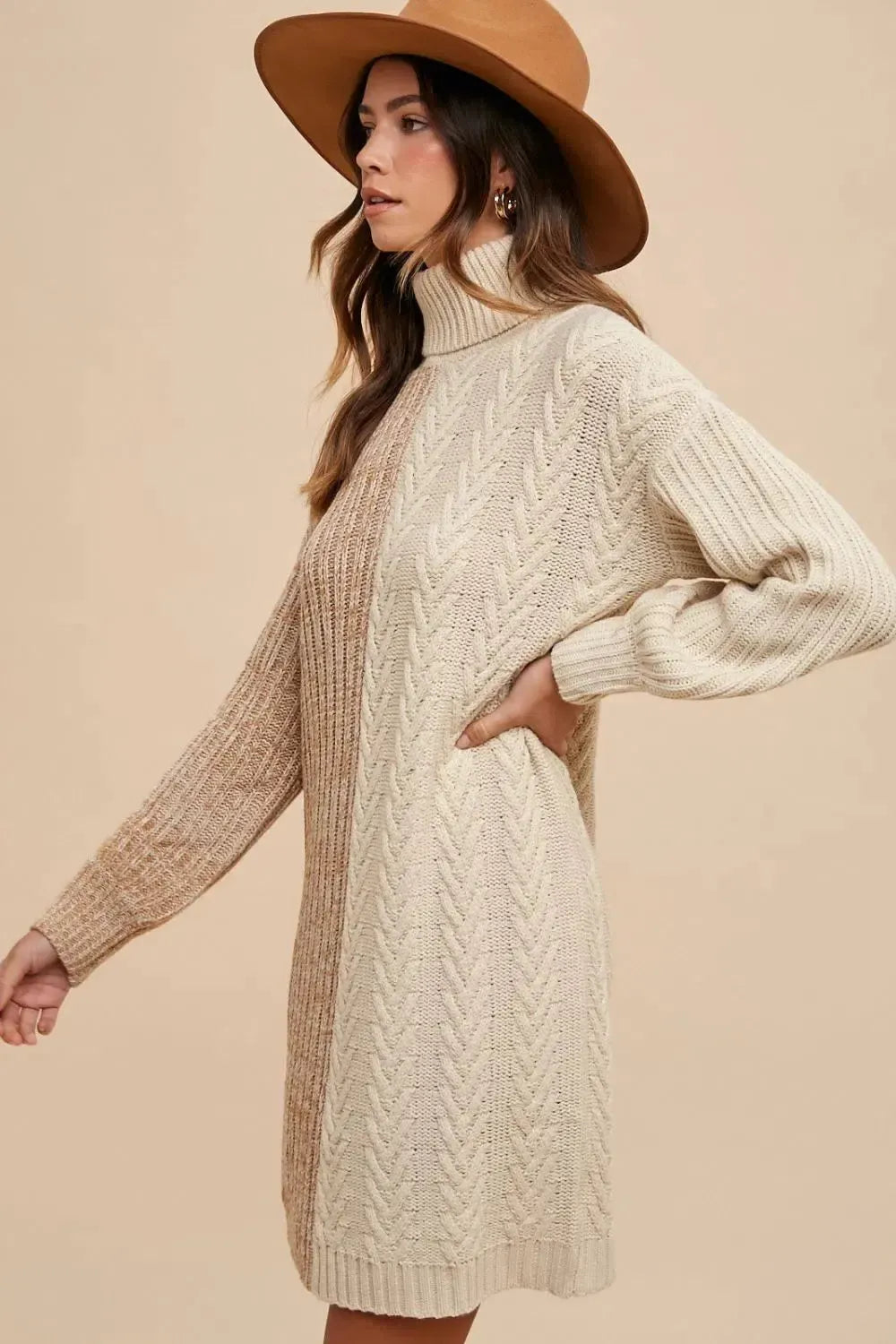 Brown Turtleneck Sweater Dress-Dresses-Evelyns Fashion