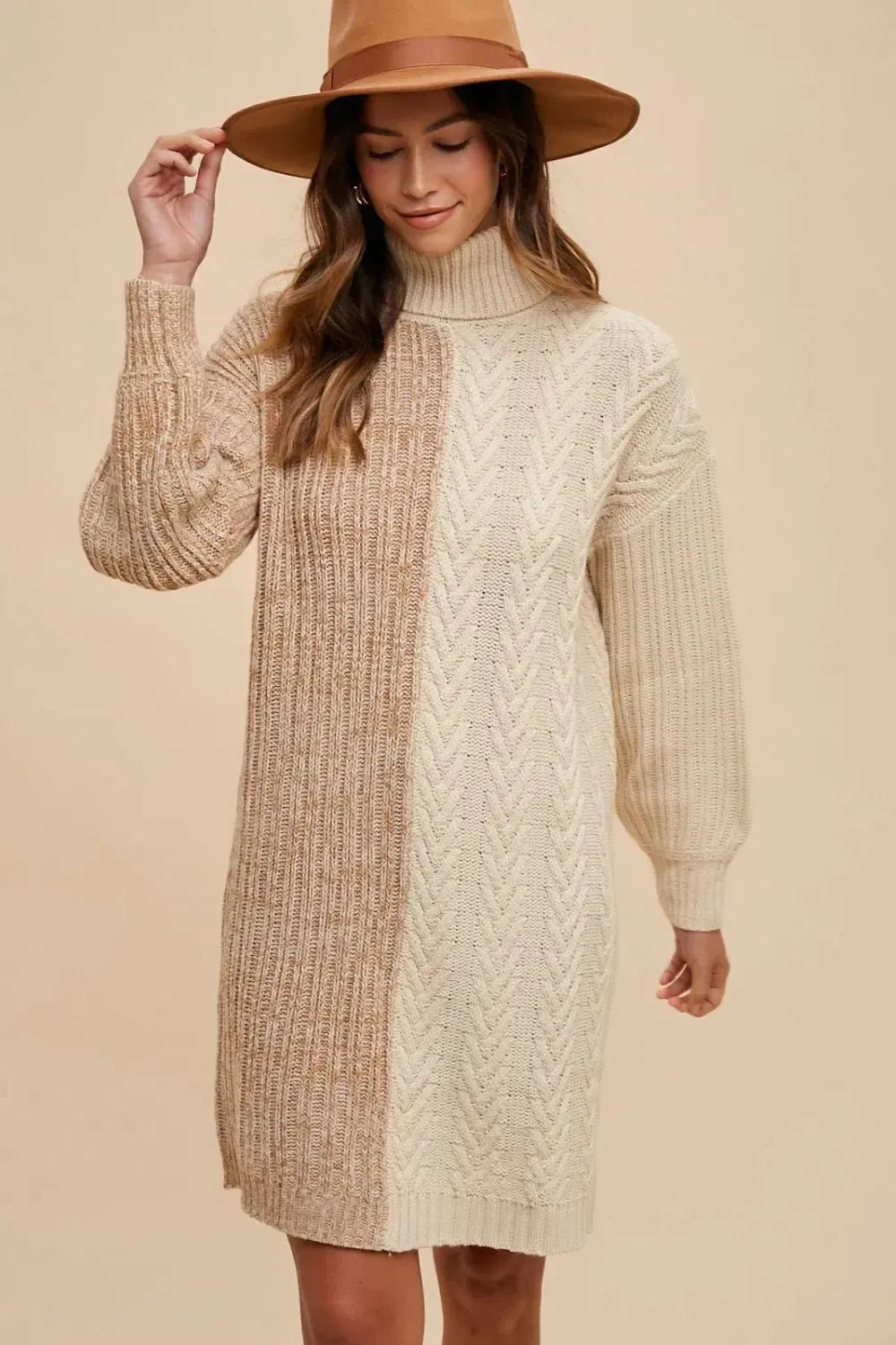Brown Turtleneck Sweater Dress-Dresses-Evelyns Fashion