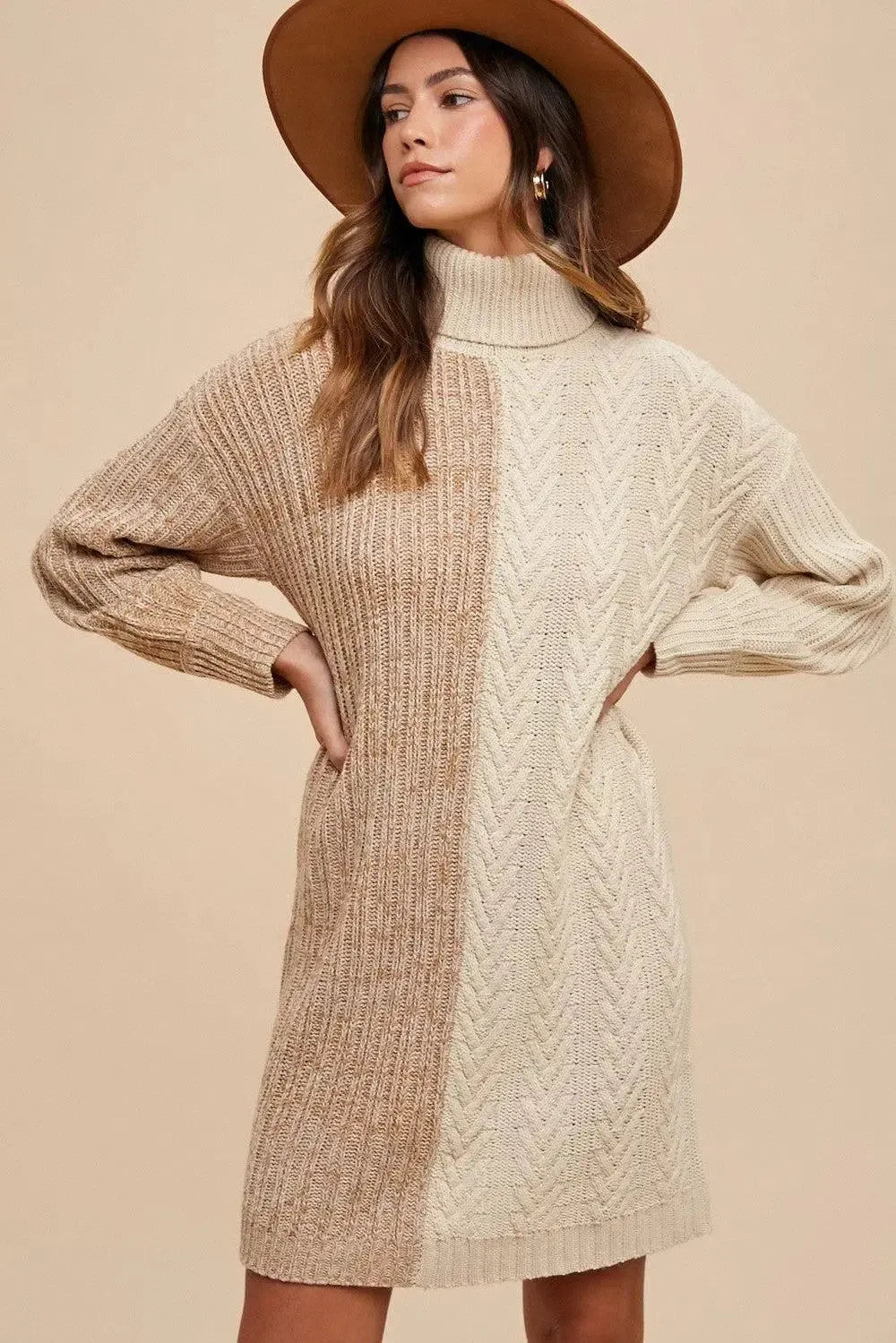 Brown Turtleneck Sweater Dress-Dresses-Evelyns Fashion