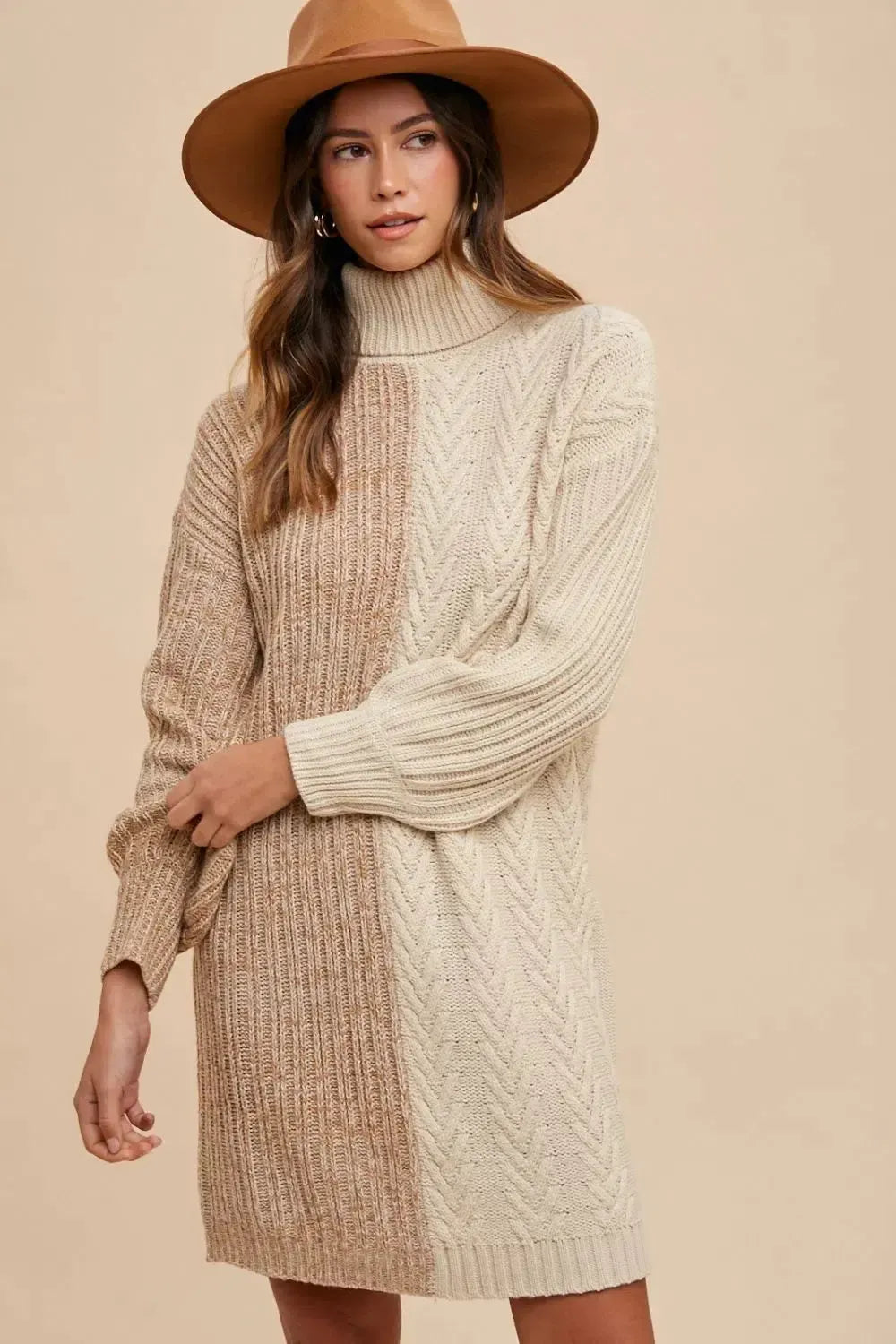 Brown Turtleneck Sweater Dress-Dresses-Evelyns Fashion