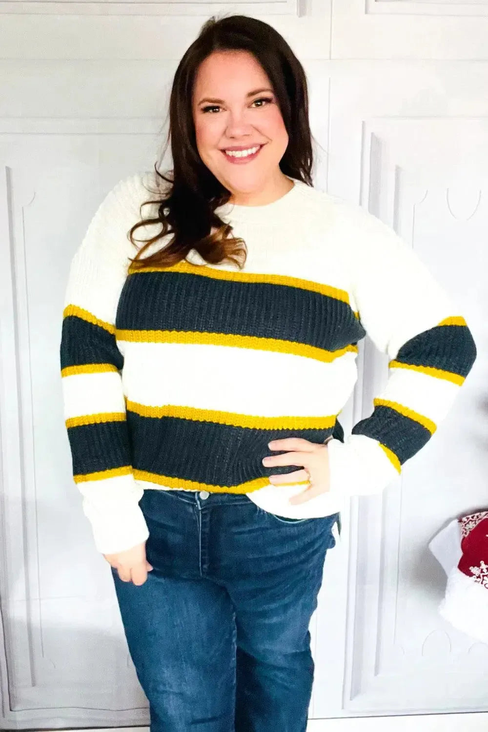 Casual Chic Yellow & Ivory Stripe Oversize Knit Sweater-Evelyns Fashion