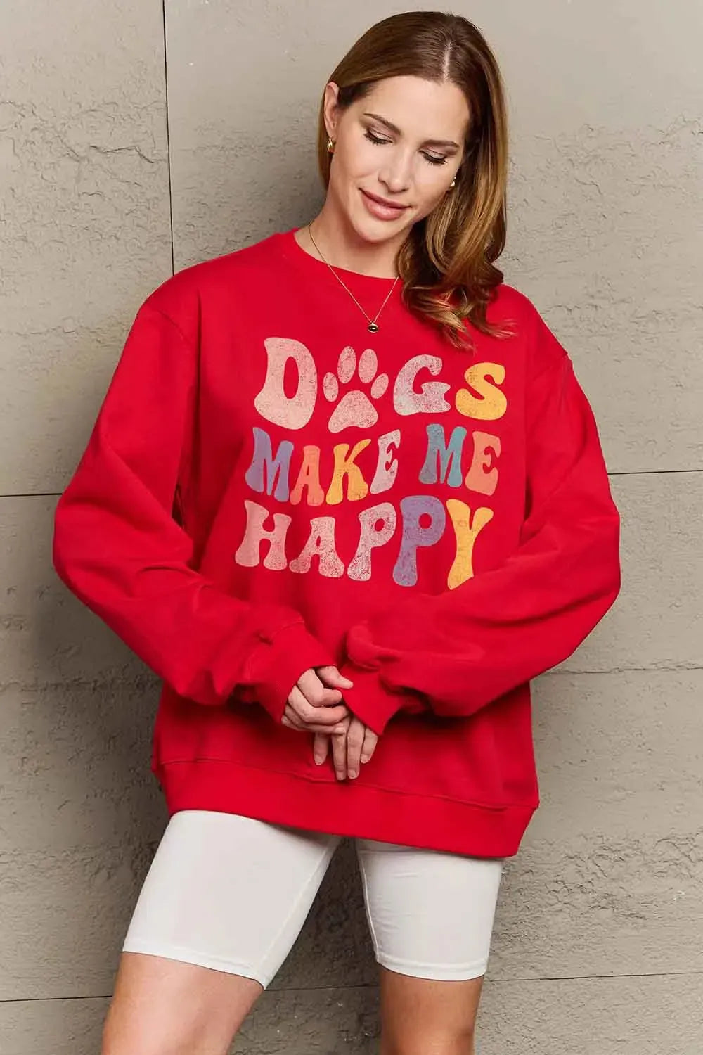 Celebrate Love: Simply Love Full Size 'DOGS MAKE ME HAPPY' Sweatshirt-Sweat Shirts and Hoodies-Evelyns Fashion