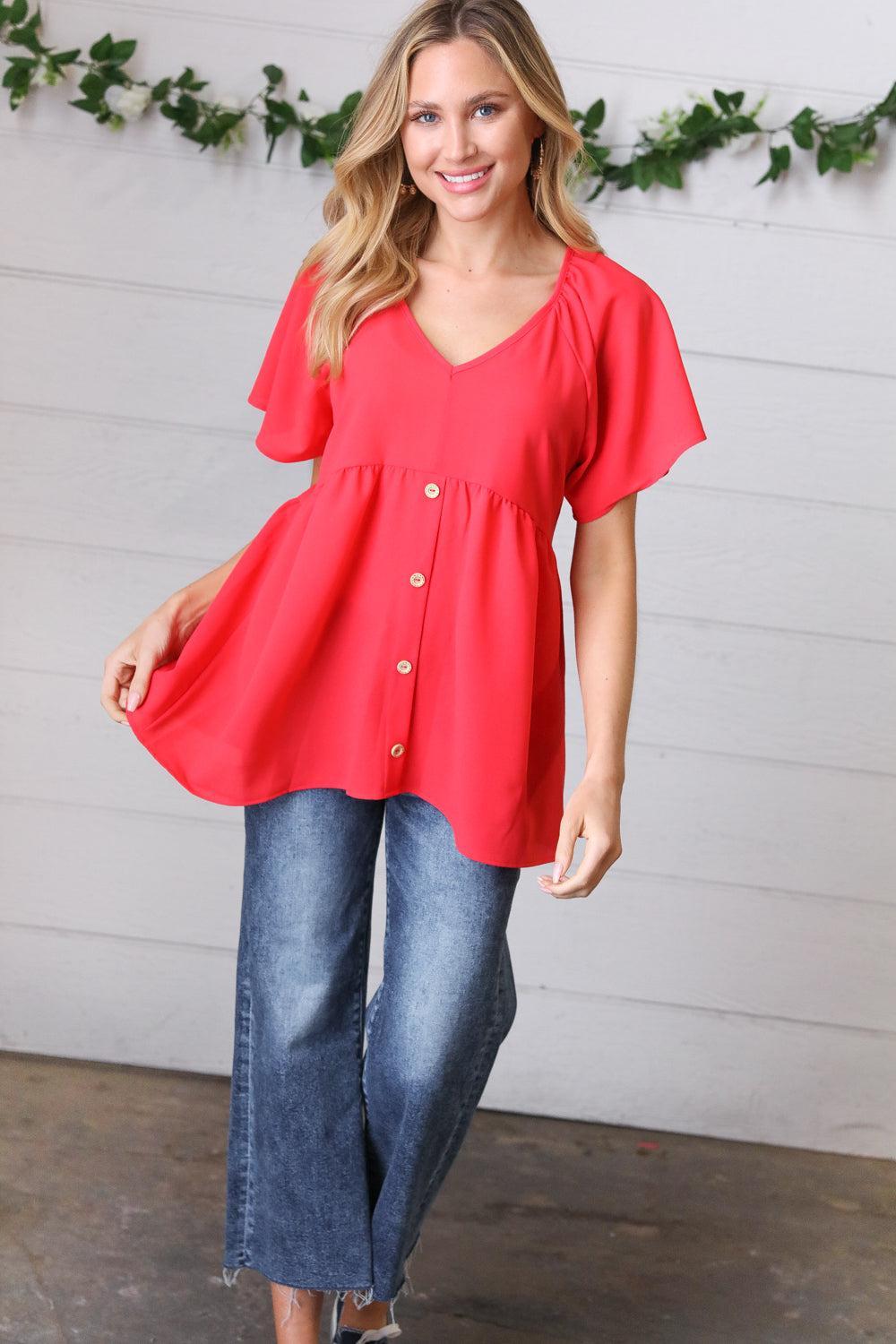 Cherry Red Babydoll Button Down Raglan Woven Top-Short Sleeve Blouse-Evelyns Fashion