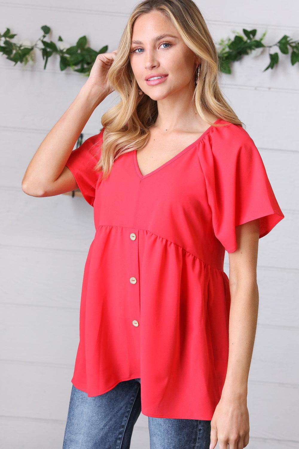 Cherry Red Babydoll Button Down Raglan Woven Top-Short Sleeve Blouse-Evelyns Fashion