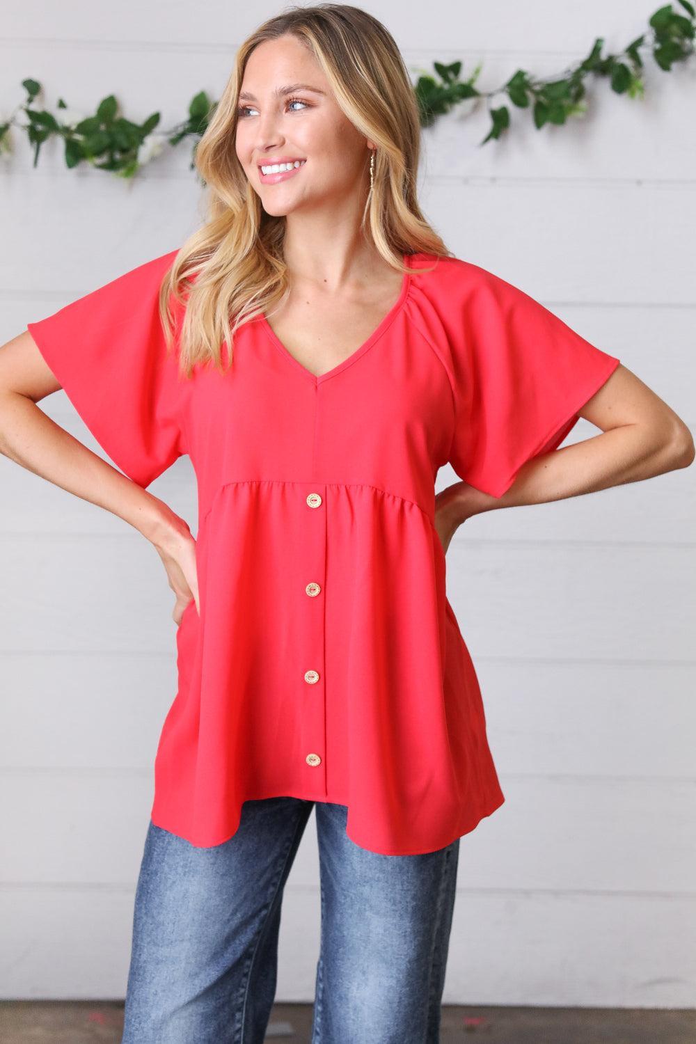 Cherry Red Babydoll Button Down Raglan Woven Top-Short Sleeve Blouse-Evelyns Fashion