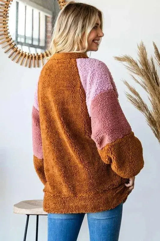 Chic Comfort: Culture Code Color Block Faux Fur Sweatshirt-Apparel & Accessories-Evelyns Fashion