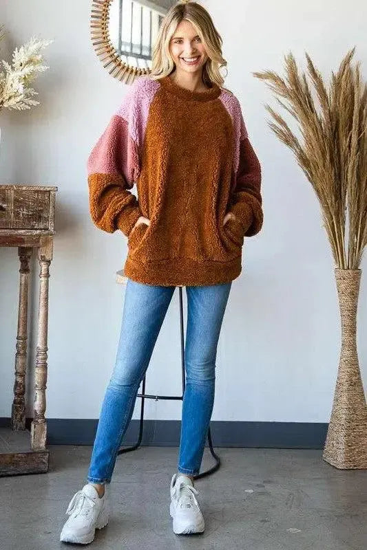 Chic Comfort: Culture Code Color Block Faux Fur Sweatshirt-Apparel & Accessories-Evelyns Fashion