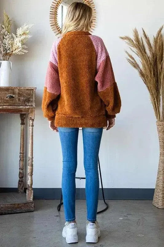 Chic Comfort: Culture Code Color Block Faux Fur Sweatshirt-Apparel & Accessories-Evelyns Fashion