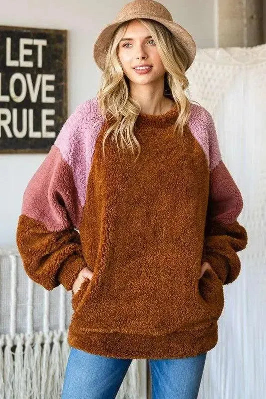 Chic Comfort: Culture Code Color Block Faux Fur Sweatshirt-Apparel & Accessories-Evelyns Fashion