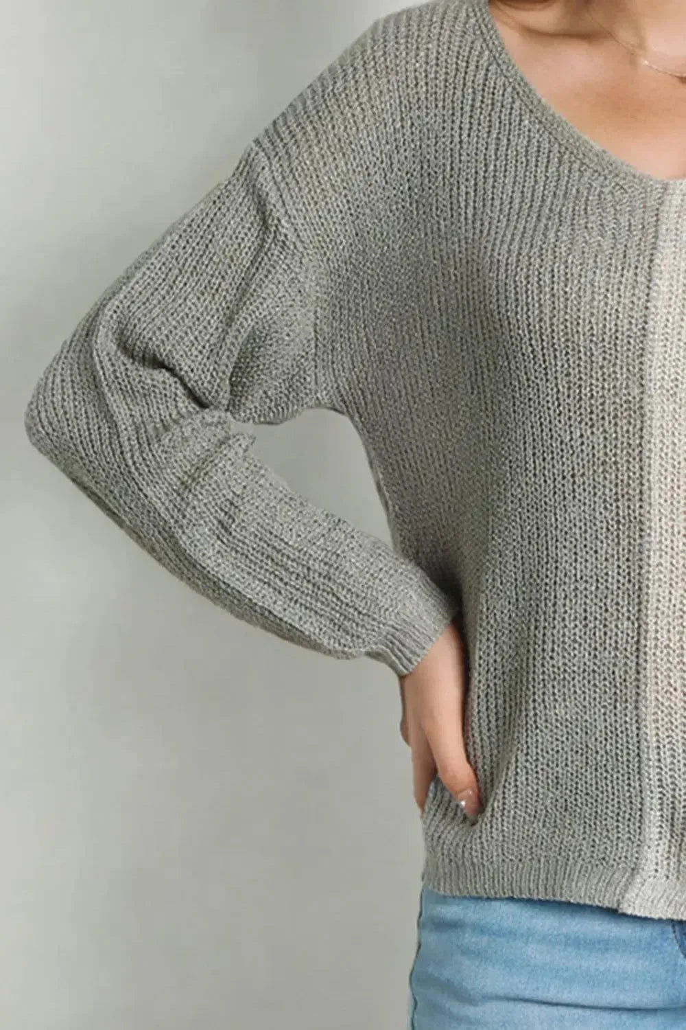 Chic Comfort: Stylish Contrast V-Neck Long Sleeve Pullover-Apparel & Accessories-Evelyns Fashion