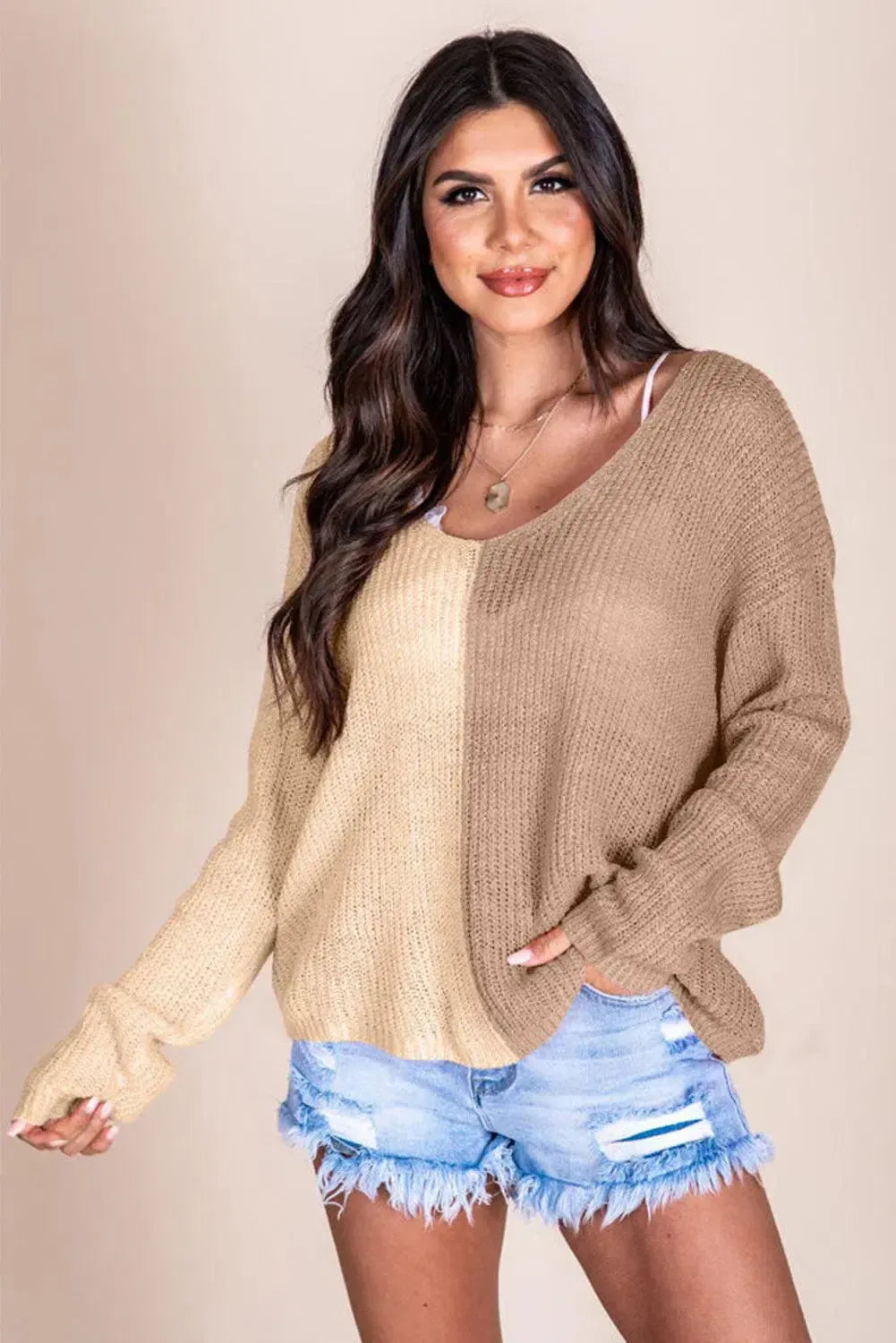 Chic Comfort: Stylish Contrast V-Neck Long Sleeve Pullover-Apparel & Accessories-Evelyns Fashion