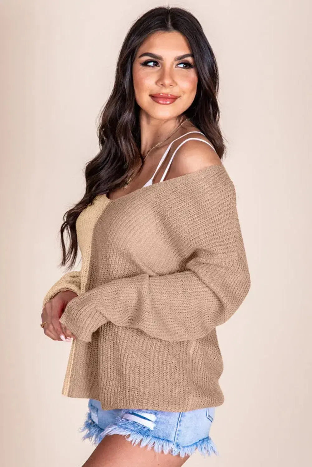 Chic Comfort: Stylish Contrast V-Neck Long Sleeve Pullover-Apparel & Accessories-Evelyns Fashion