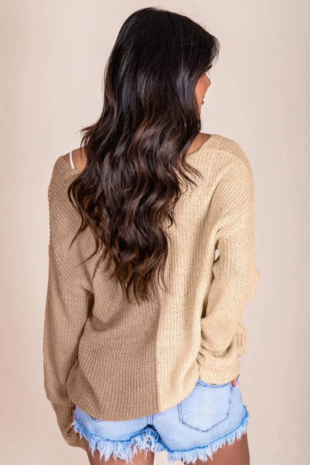 Chic Comfort: Stylish Contrast V-Neck Long Sleeve Pullover-Apparel & Accessories-Evelyns Fashion