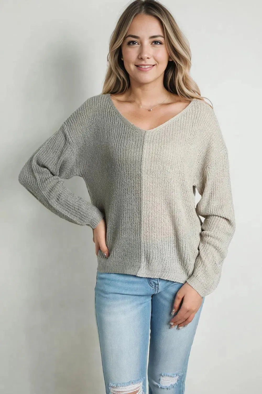 Chic Comfort: Stylish Contrast V-Neck Long Sleeve Pullover-Apparel & Accessories-Evelyns Fashion