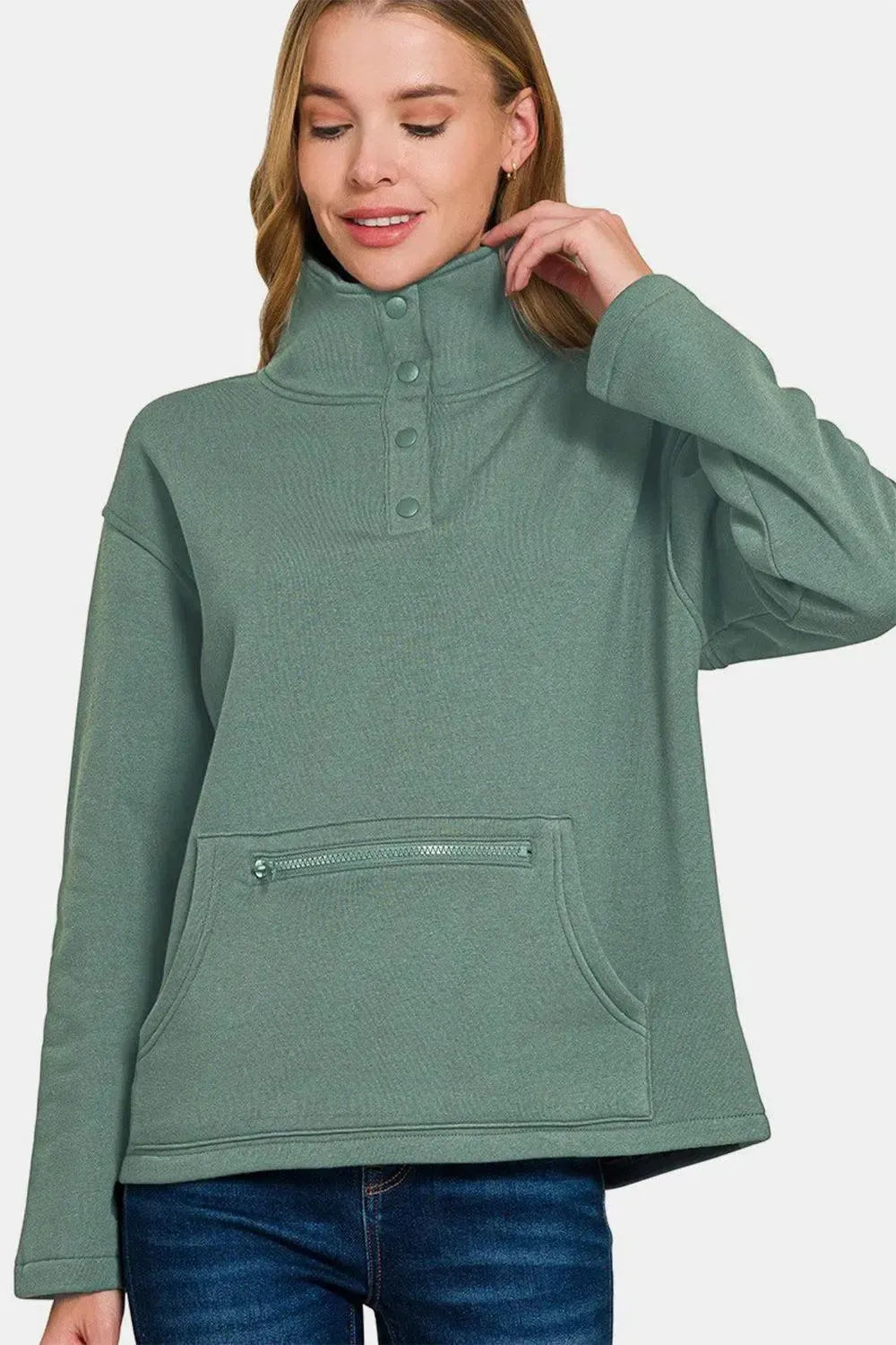 Chic Comfort: Zenana Turtleneck Half Snap Fleece Sweatshirt-Apparel & Accessories-Evelyns Fashion