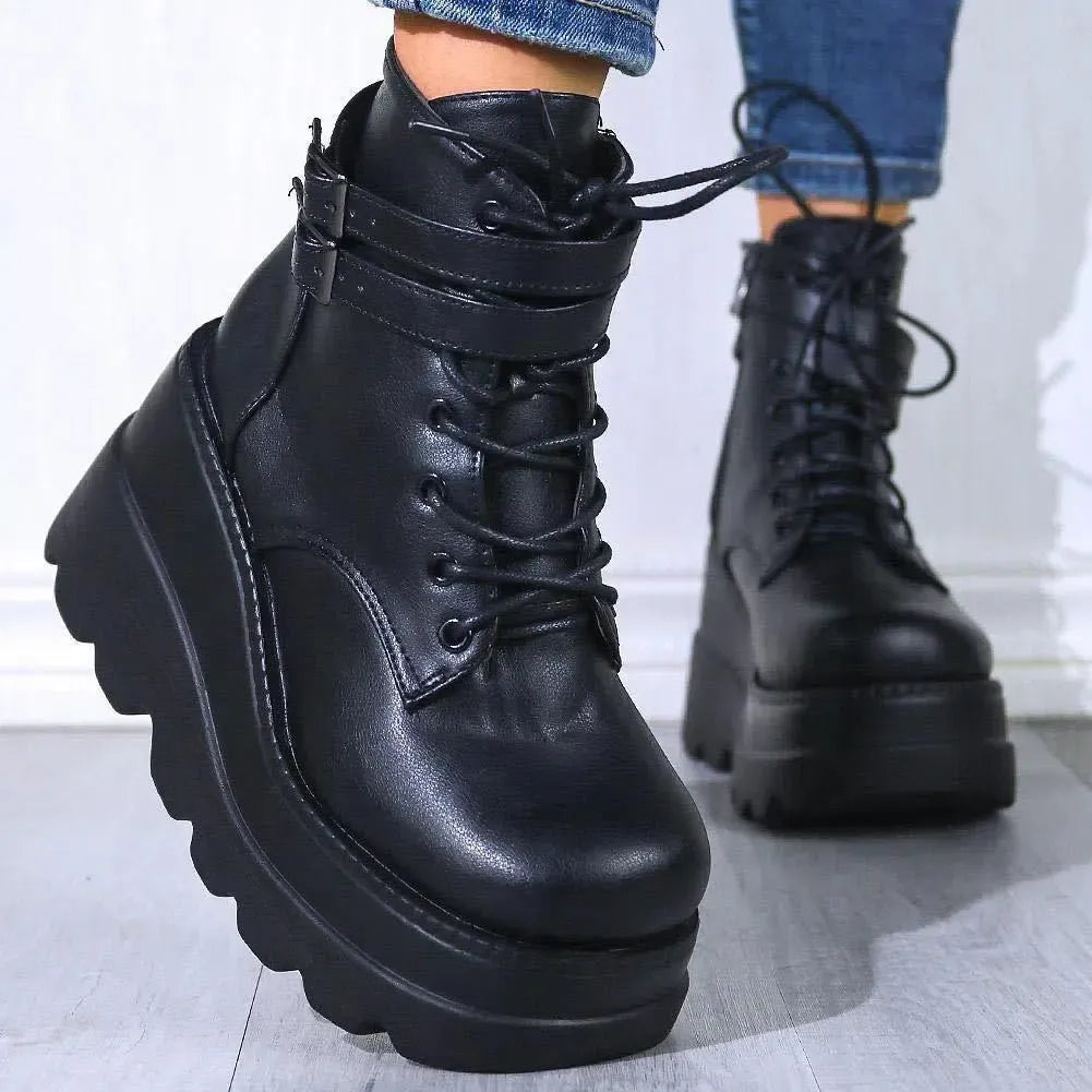 Chic & Comfortable: PU Leather Lace-Up Wedge Boots for Women-shoes-Evelyns Fashion