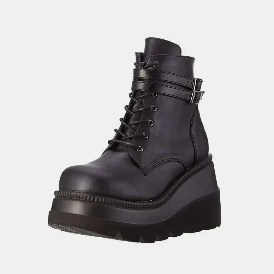Chic & Comfortable: PU Leather Lace-Up Wedge Boots for Women-shoes-Evelyns Fashion