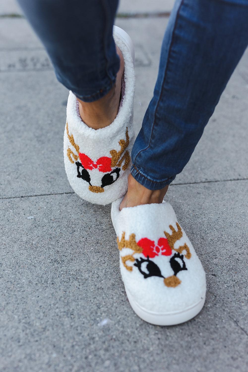 Christmas Reindeer Print Fleece Slippers-2024 Blow-Out Sale-Evelyns Fashion
