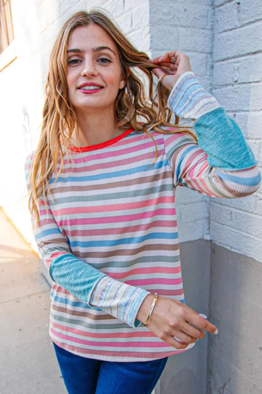 Coral Taupe Multistrip Rib Out Seam Detail Top-Evelyns Fashion