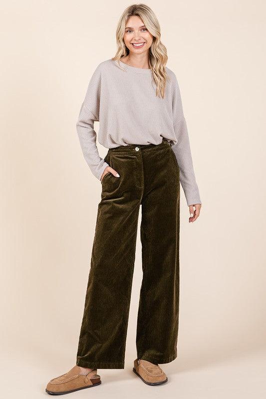 Corduroy Elastic Waist Pants-pants-Evelyns Fashion