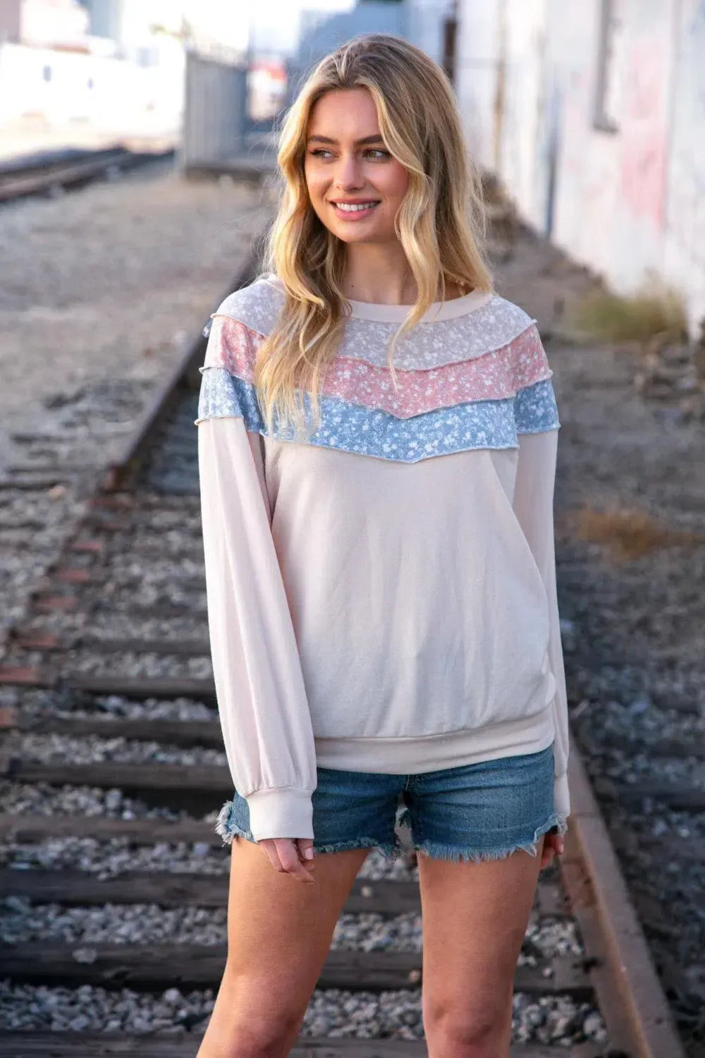 Cozy & Modern: Taupe & Sky Blue Thermal Knit Pullover-2024 Blow-Out Sale-Evelyns Fashion