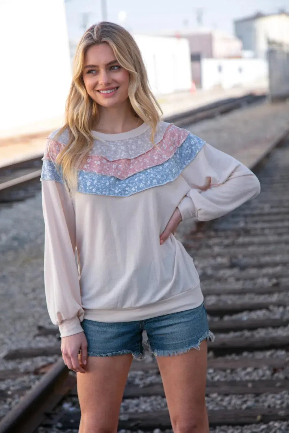 Cozy & Modern: Taupe & Sky Blue Thermal Knit Pullover-2024 Blow-Out Sale-Evelyns Fashion