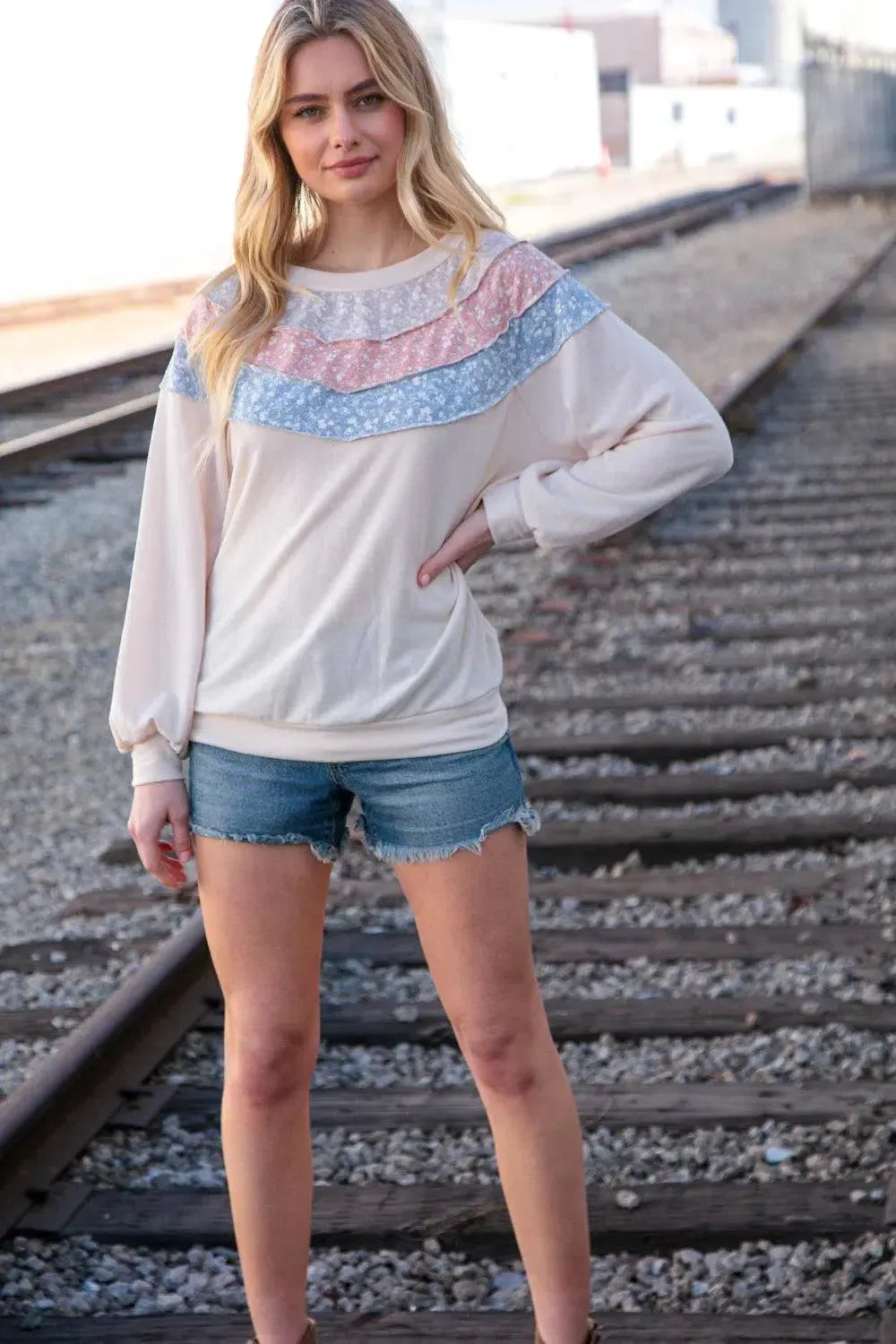 Cozy & Modern: Taupe & Sky Blue Thermal Knit Pullover-2024 Blow-Out Sale-Evelyns Fashion