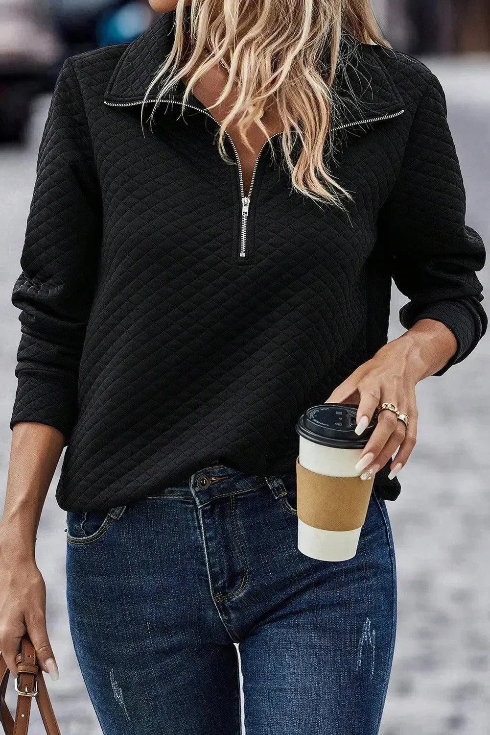 Cozy Versatility: Half Zip Collar Solid Color Sweatshirt-Sweat Shirts and Hoodies-Evelyns Fashion