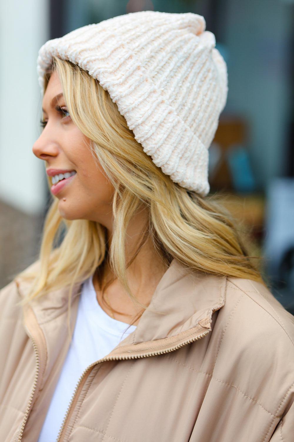 Cream Knit Velvet Chenille Fold Over Beanie-2024 Blow-Out Sale-Evelyns Fashion