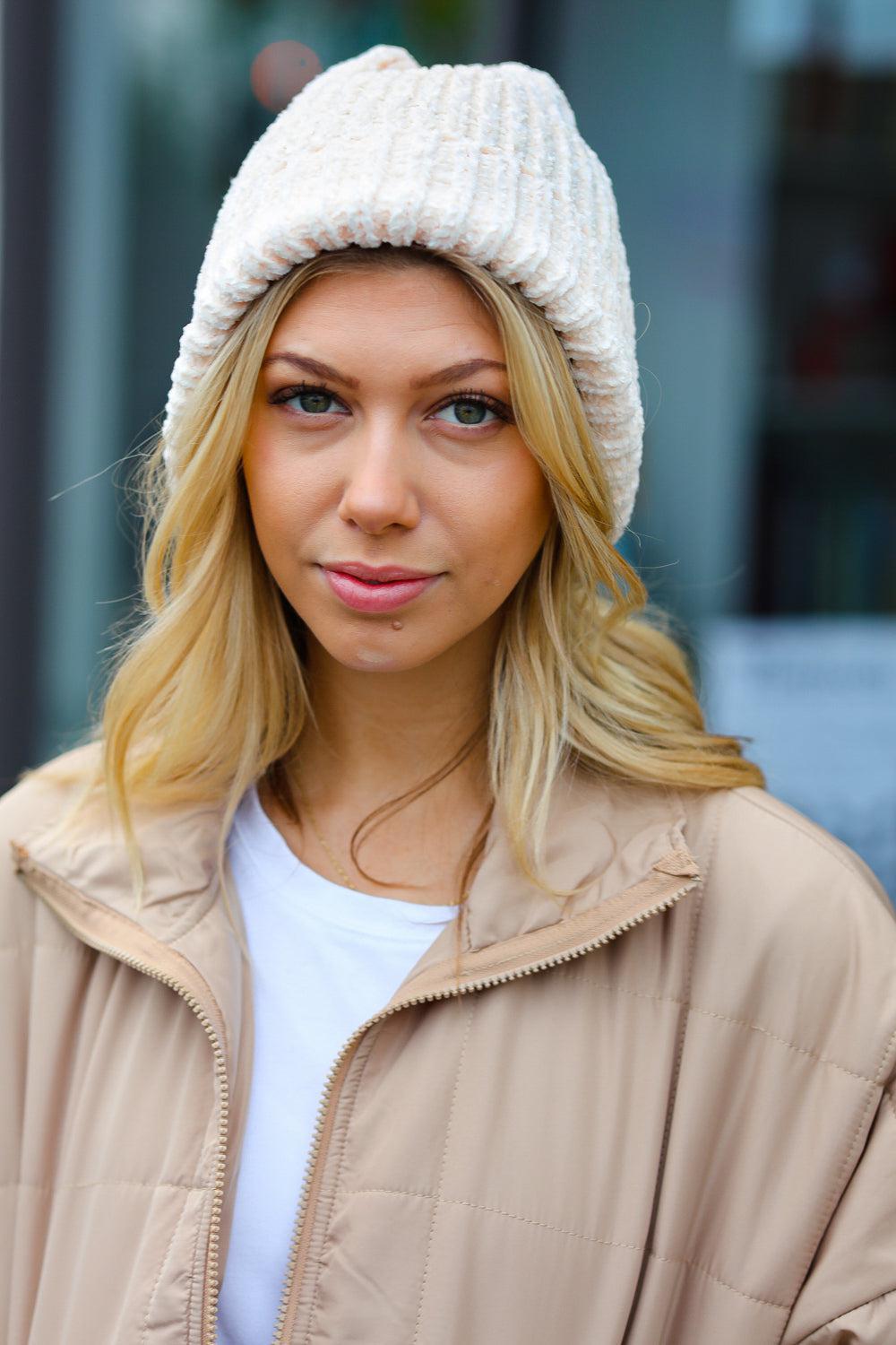 Cream Knit Velvet Chenille Fold Over Beanie-2024 Blow-Out Sale-Evelyns Fashion