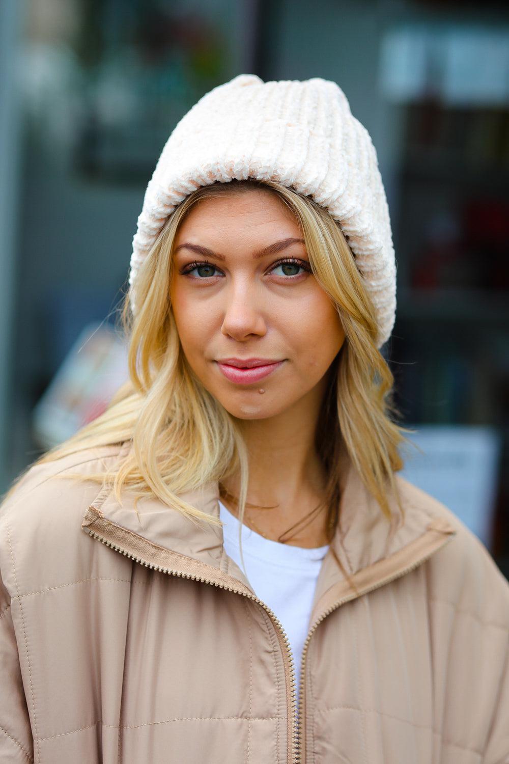 Cream Knit Velvet Chenille Fold Over Beanie-2024 Blow-Out Sale-Evelyns Fashion