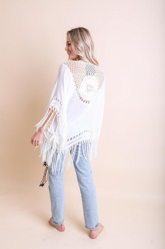 Crochet Medallion Tassel Kimono-Kimonos-Evelyns Fashion