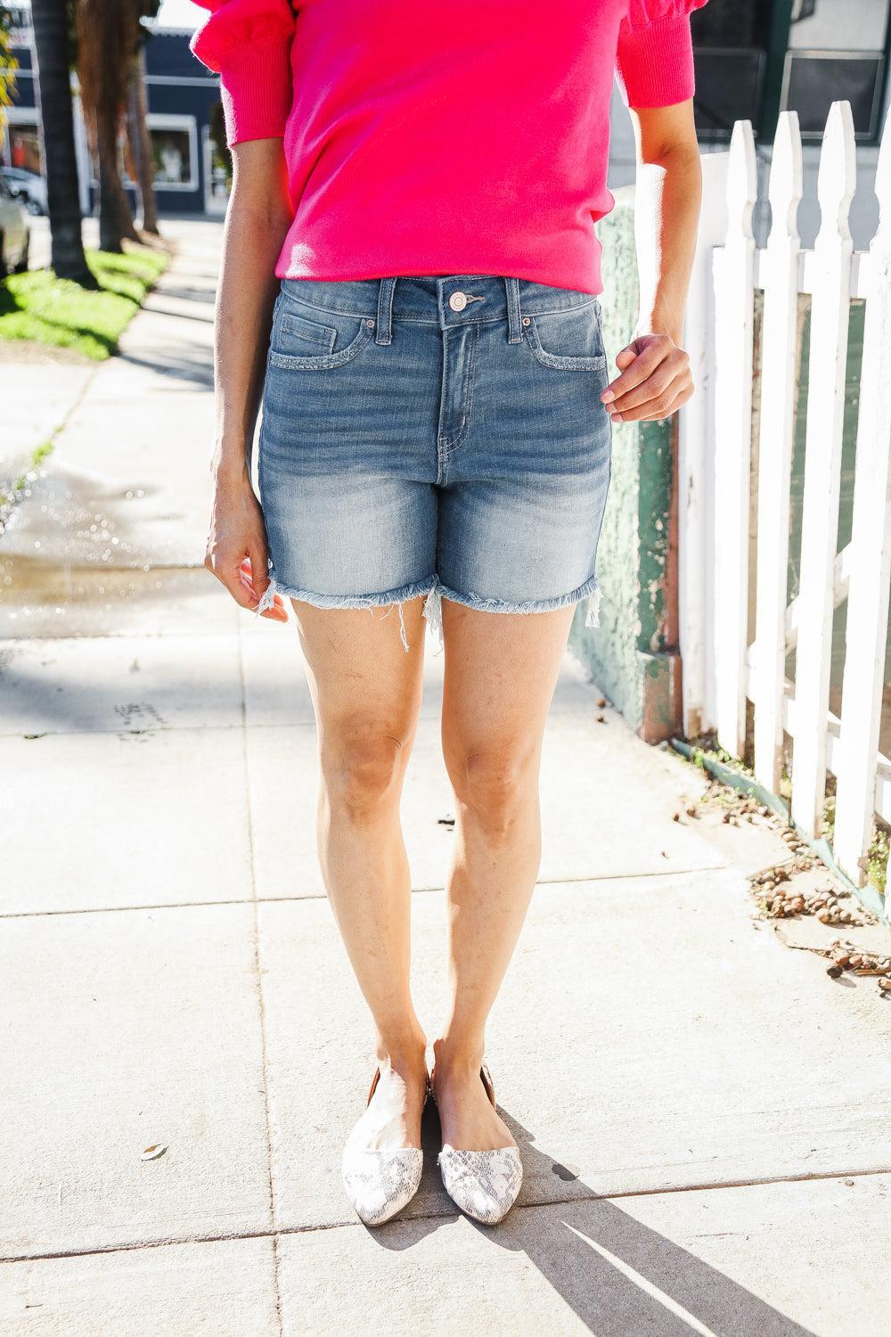 Dark Denim Mid Rise Shorts-Denim Shorts-Evelyns Fashion
