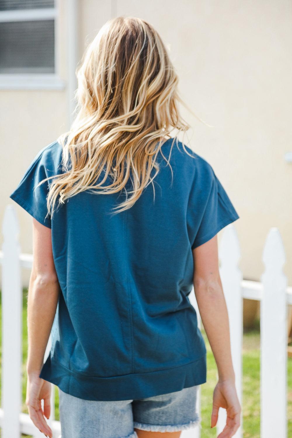 Denim Blue Star Patch Top-Short Sleeve Blouse-Evelyns Fashion