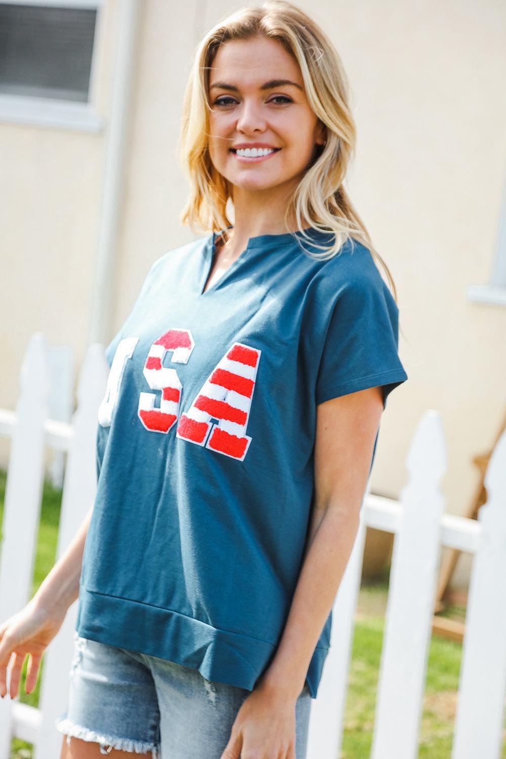 Denim Blue Star Patch Top-Short Sleeve Blouse-Evelyns Fashion