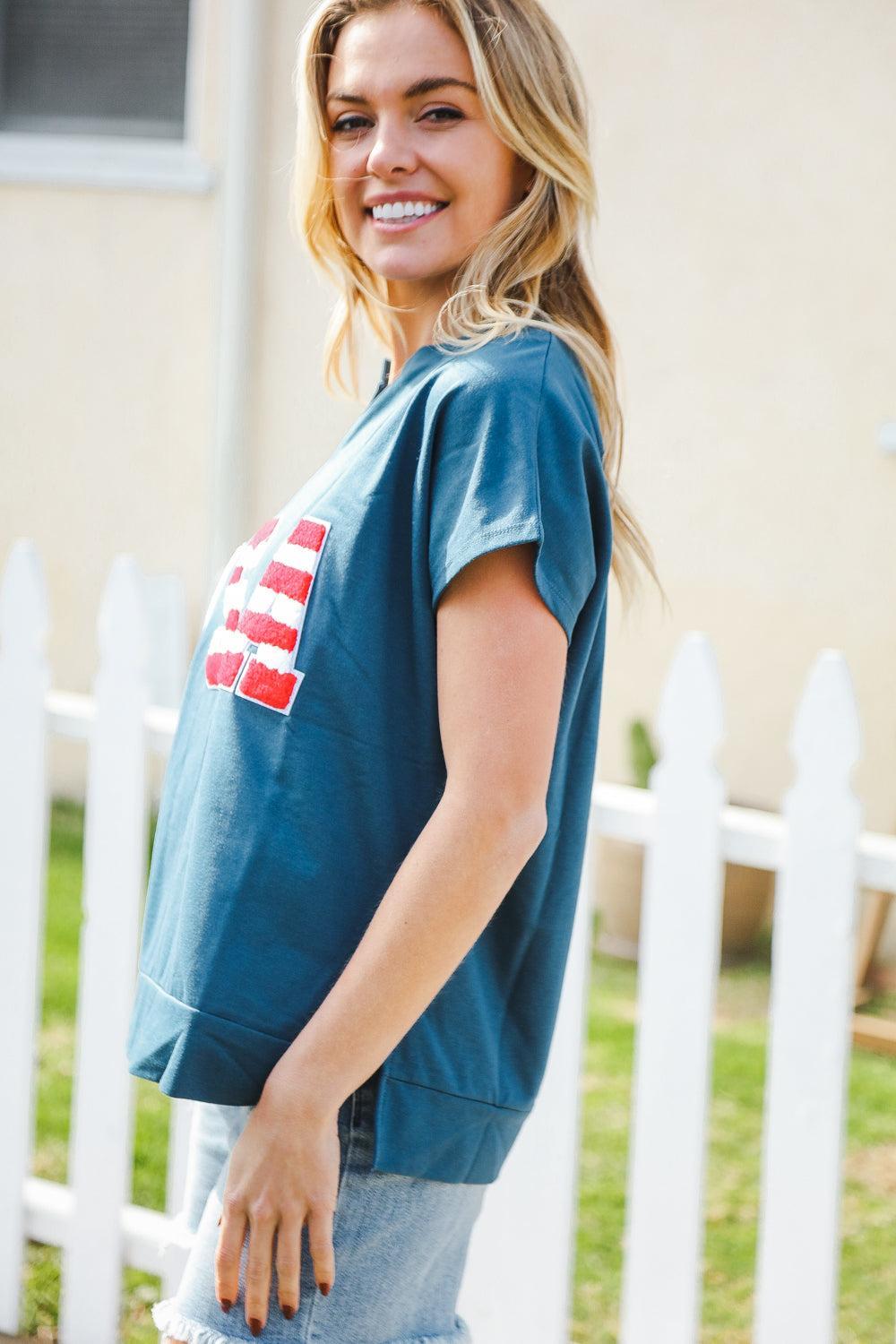 Denim Blue Star Patch Top-Short Sleeve Blouse-Evelyns Fashion