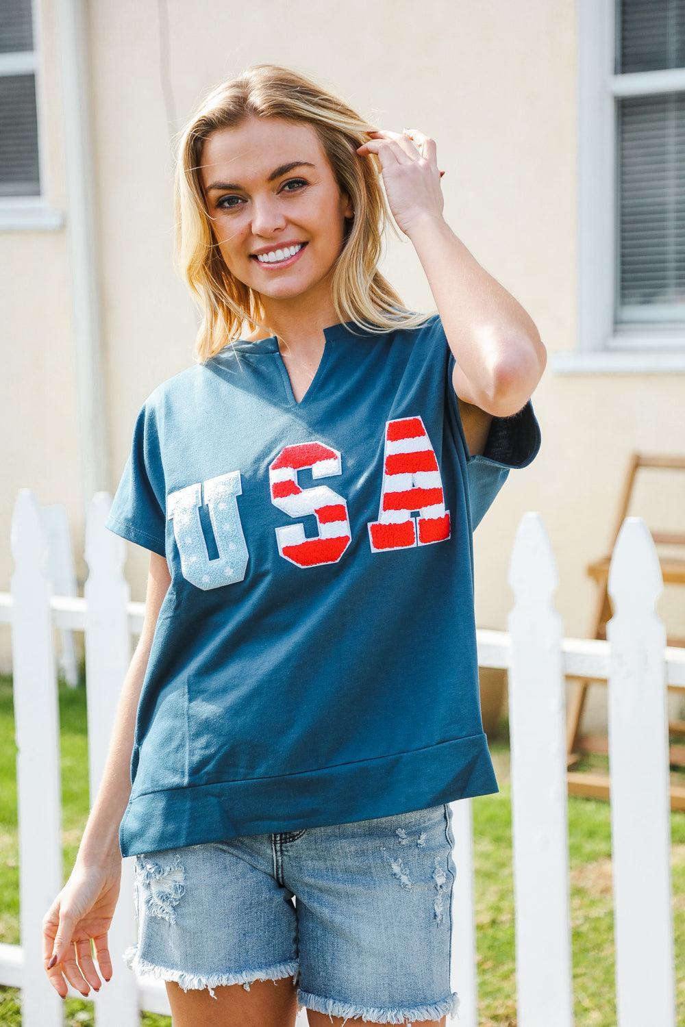 Denim Blue Star Patch Top-Short Sleeve Blouse-Evelyns Fashion