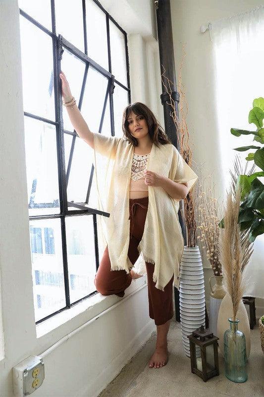 Diamond Embroidered Frayed Edge Kimono-Kimono-Evelyns Fashion
