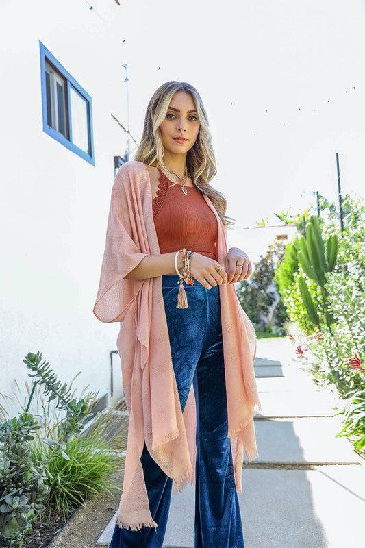 Diamond Embroidered Frayed Edge Kimono-Kimono-Evelyns Fashion