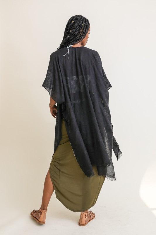 Diamond Embroidered Frayed Edge Kimono-Kimono-Evelyns Fashion